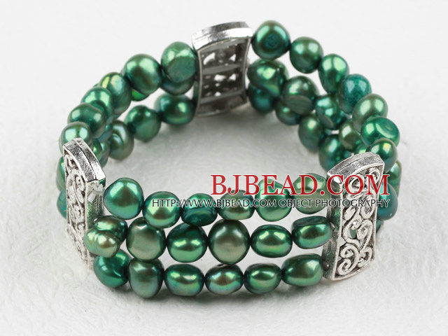 Classic Desgin Three Strands Green Freshwater Pearl Elastic Bangle Bracelet