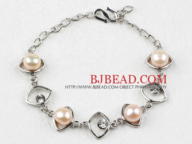 Fashion Style Pink Freshwater Pearl Horse Eye Shape Metal Bracelet with Adjustable Chain
