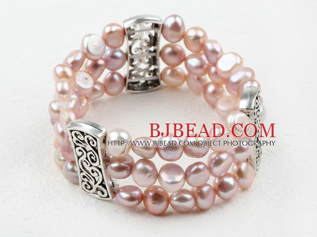 Three Strands 8-9mm Purple Freshwater Pearl Beaded Elastic Bangle Bracelet
