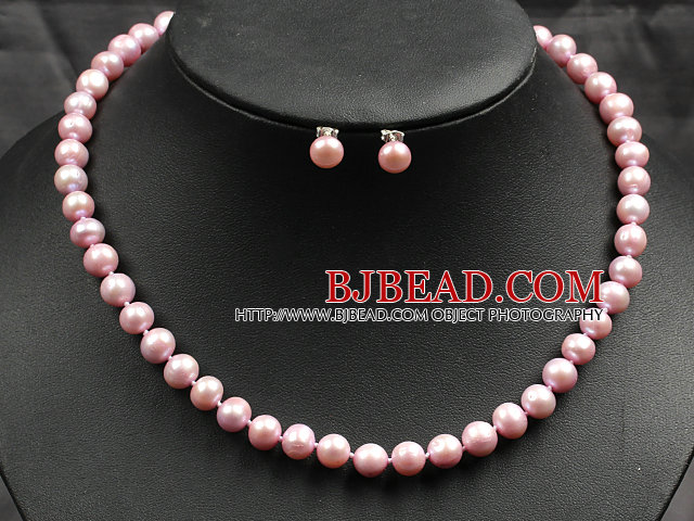 8-9mm Pink Color Pearl Necklace and Matched Studs Earrings Sets
