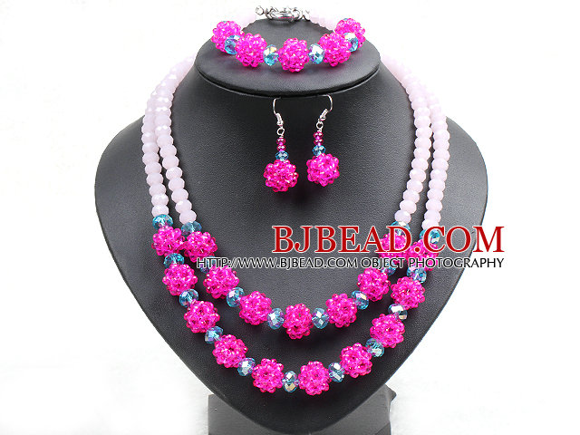 Popular Trendy Style Pink And Rose Red Crystal Beads Jewelry Set (Necklace With Matched Bracelet And Earrings)