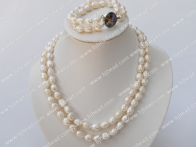 double strand white pearl necklace and bracelet set with abalone clasp
