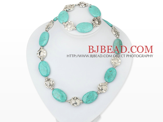 turquoise tibet silver necklace bracelet set with moonlight clasp