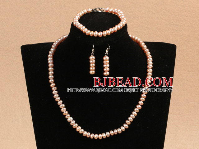 Graceful Hot Sale 6-7mm Natural All Light Pink Pearl Jewelry Set With Heart Clasp (Necklace &Bracelet & Earrings)