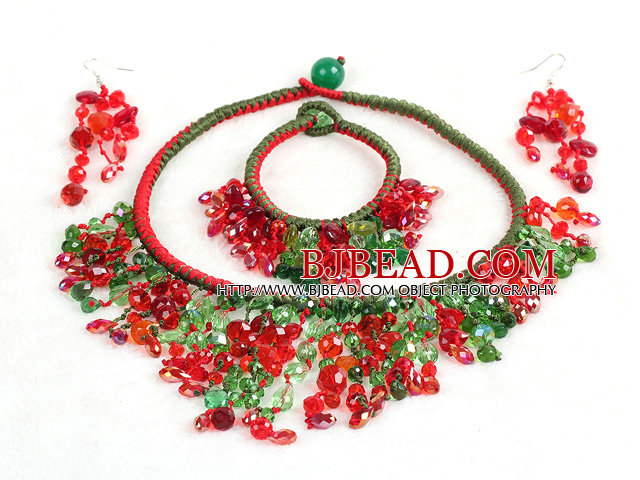 2015 Beautiful Shining Red & Green Crystal Statement Christmas Jewelry Set (Necklace, Bracelet & Earrings)