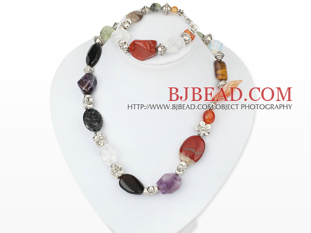 multi color stone tibet silver charm necklace bracelet set