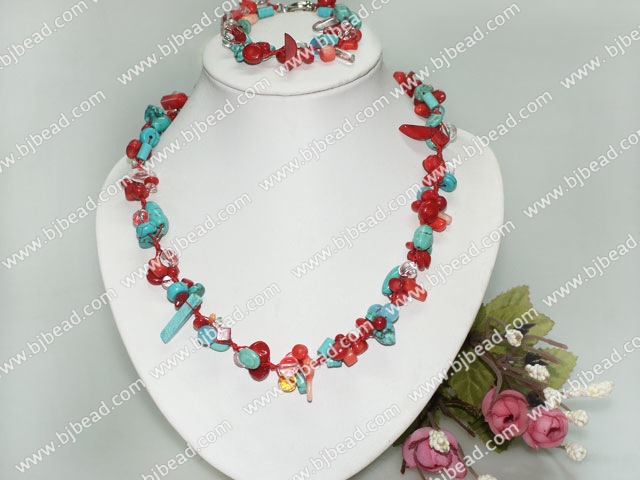 turquose and coral necklace bracelet set