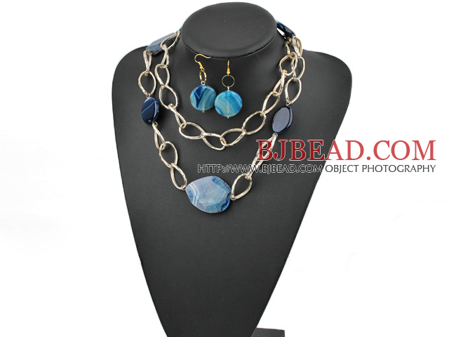 blue agate necklace earrings set with big metal loops