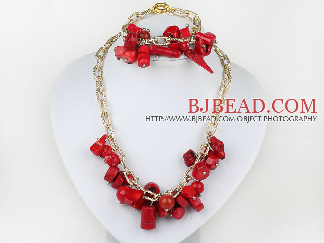 red coral necklace bracelet set with gold color chains