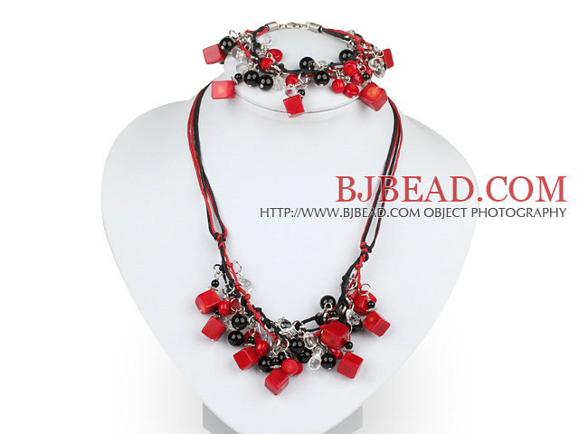 esquisite coral and black agate and crystal jewelry sets