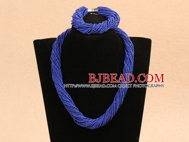 Popular Style Multi Strands Deep Blue Mini Beads Twisted Chunky Party Jewelry Set (Necklace & Bracelet)