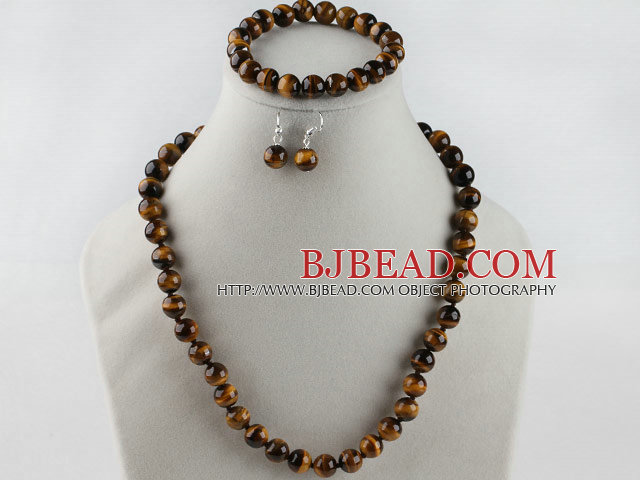 10mm round tiger eye necklace bracelet and earrings set