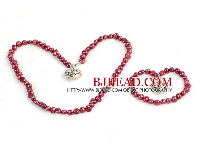 Classic Simple Design Potato Shape Purple Red Pearl Necklace & Bracelet Set With Heart Charm