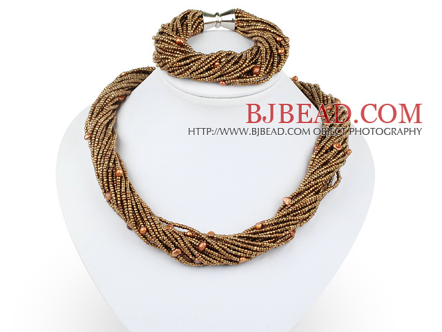 multi strand brown glass beads pearl necklace bracelet set with magnetic clasp