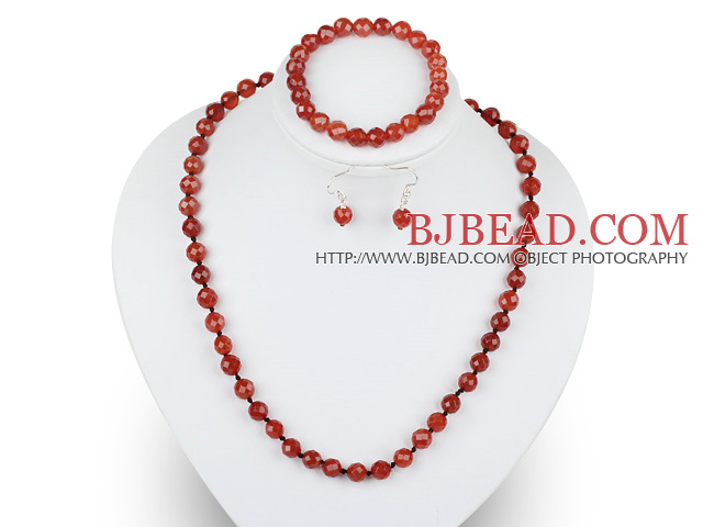 8mm faceted red agate ball necklace bracelet earrings set