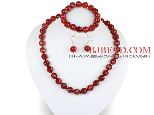 12mm faceted red agate ball necklace bracelet earrings set