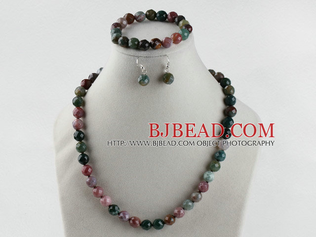 10mm faceted indian agate ball necklace bracelet earrings set