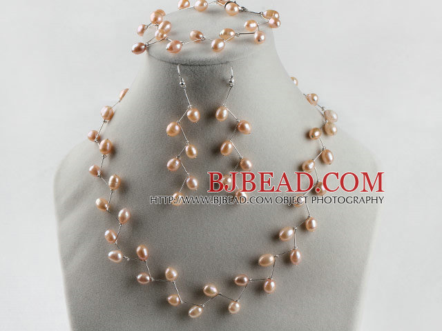 bridal jewelry 6-7 natural pink rice pearl necklace bracelet earrings set