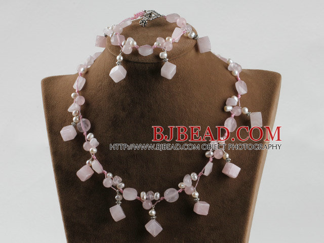 rose quartze and white pearl necklace bracelet set