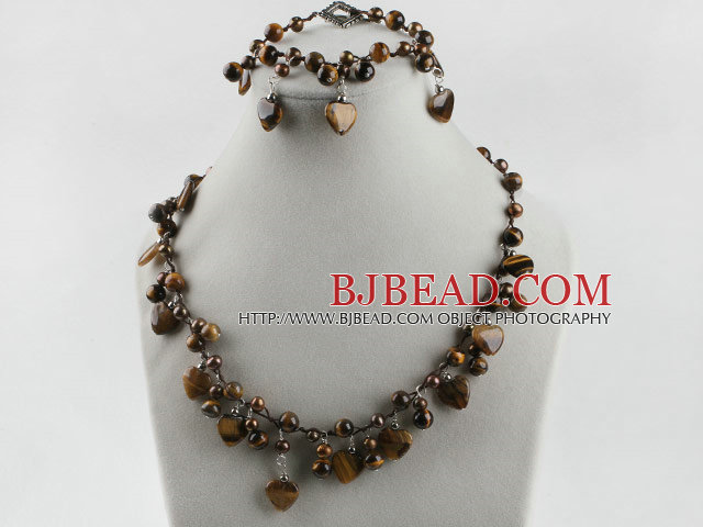 heart and round shape tiger eye necklace bracelet set