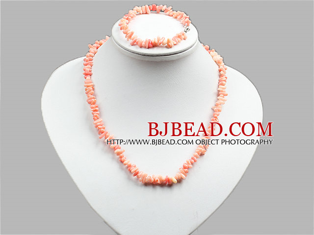 Special Design Popular Pink Coral Chips Jewelry Set (Necklace And Bracelet)