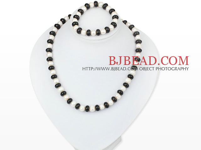 white fresh water pearl black agate necklace bracelet set 