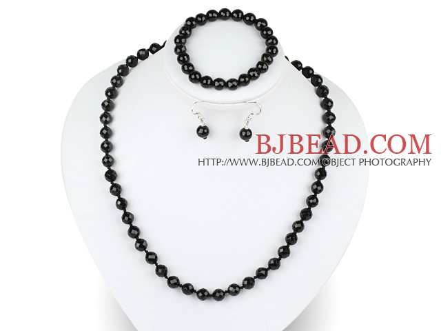 8mm faceted black agate ball necklace bracelet earrings set
