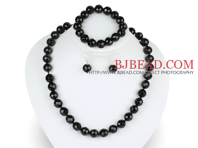 12mm faceted black agate ball necklace bracelet earrings set