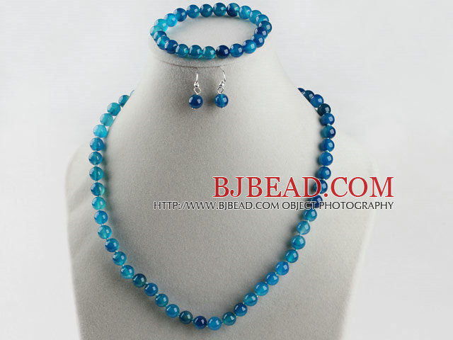 8mm blue agate ball necklace bracelet earrings set