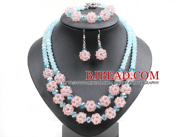 Popular Trendy Style Pink And Blue Crystal Beads Jewelry Set (Necklace With Matched Bracelet And Earrings)
