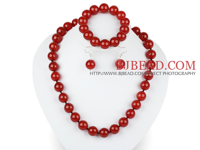 14mm red agate ball necklace bracelet earrings set
