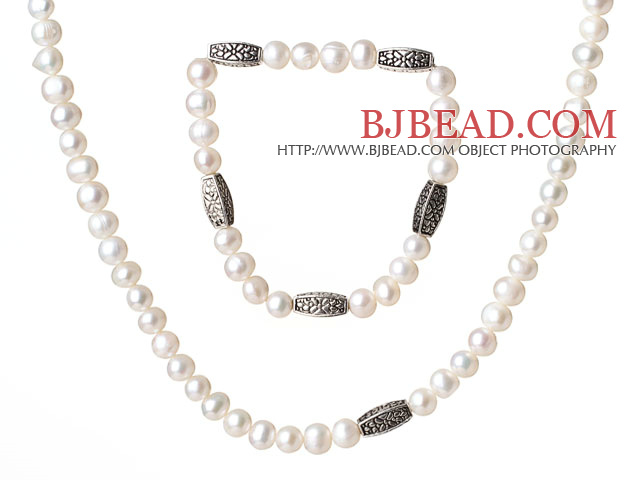 Fancy Elegant Style 6-7mm Single Strand White Freshwater Pearl Jewelry Set (Necklace with Matched Bracelet)