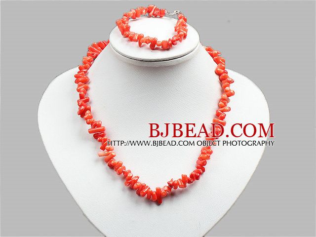 Special Design Popular Orange Coral Chips Jewelry Set (Necklace And Bracelet)