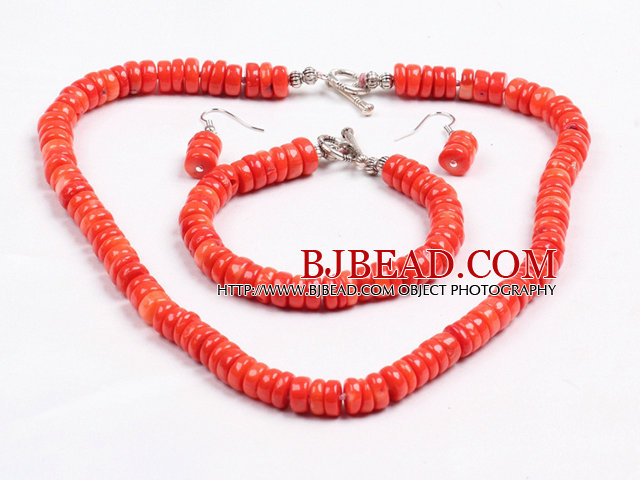 Popular Style Disc Shape Bright Red Coral Jewelry Set (Necklace with Matched Bracelet And Earrings)