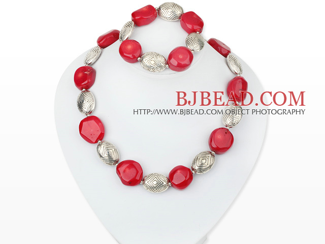 red coral and tibet silver necklace bracelet set
