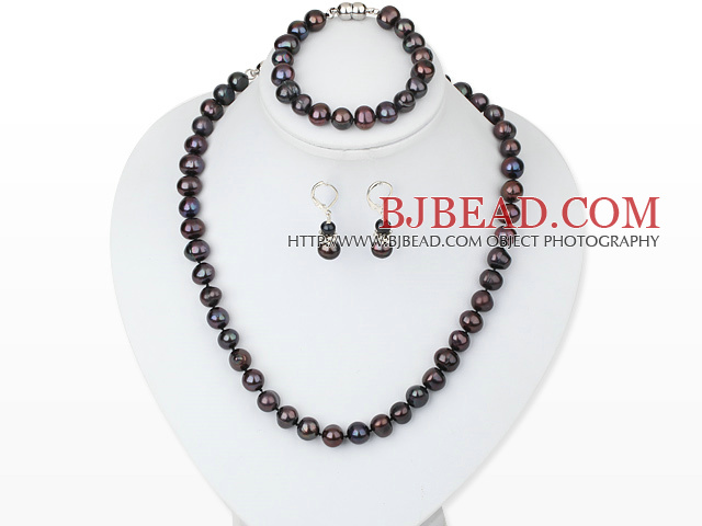 6-10mm dark pearl necklace bracelet earring set