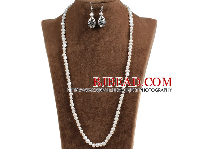 Graceful Long Style Natural White Freshwater Pearl Jewelty Set (Necklace & Earrings)
