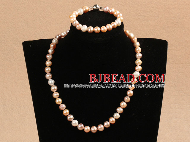 Graceful Hot Sale 9-10mm Natural Smooth White Pink Pearl Jewelry Set (Necklace & Bracelet)