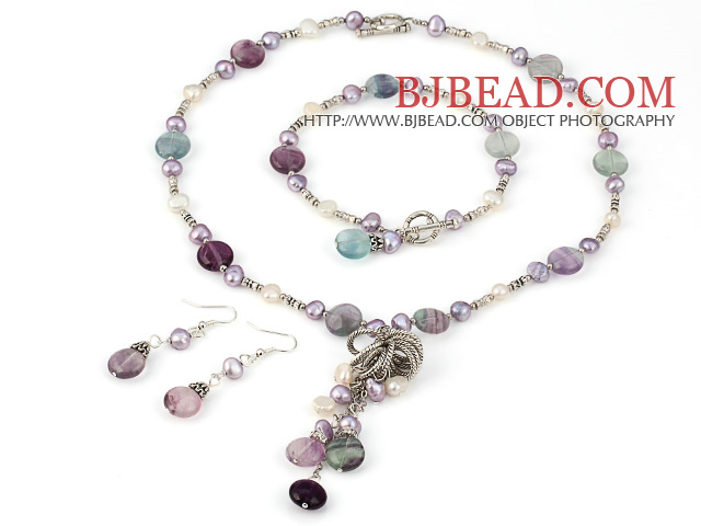 New Design Freshwater Pearl and Rainbow Fluorite Set(Necklace Bracelet and Matched Earrings)