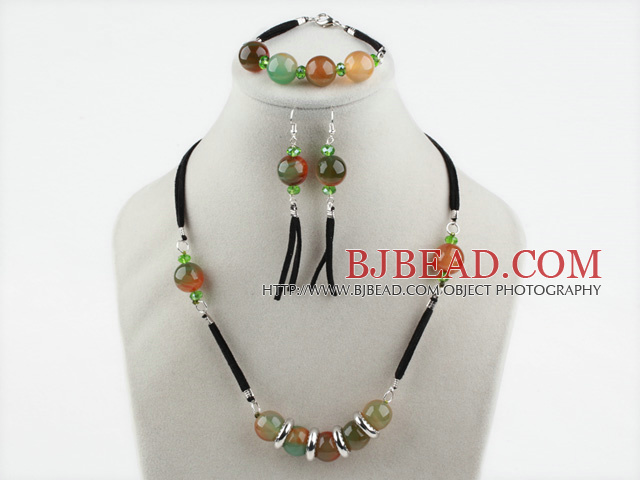 Red and Green Agate Set with Black Cord(Necklace Bracelet and Matched Earrings)