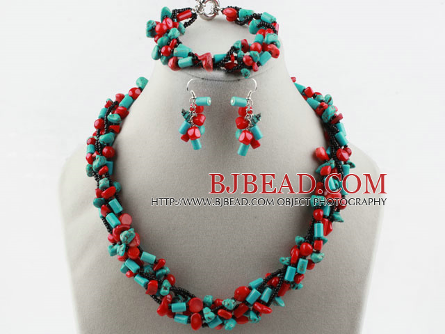 Multi Strand Red Coral and Turquoise Set (Necklace Bracelet and Matched Earrings0