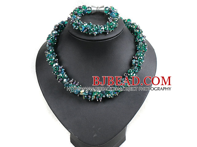 Gorgeous Black Pearl Blue With Colorful Crystal Chunky Set With Magnetic Clasp (Necklace With Matched Bracelet)