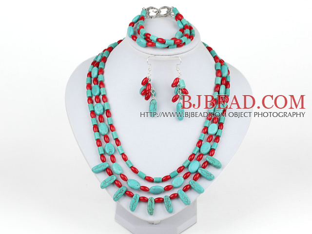 New Design Multi Strand Red Coral and Turquoise Set(Necklace Bracelet and Matched Earrings)