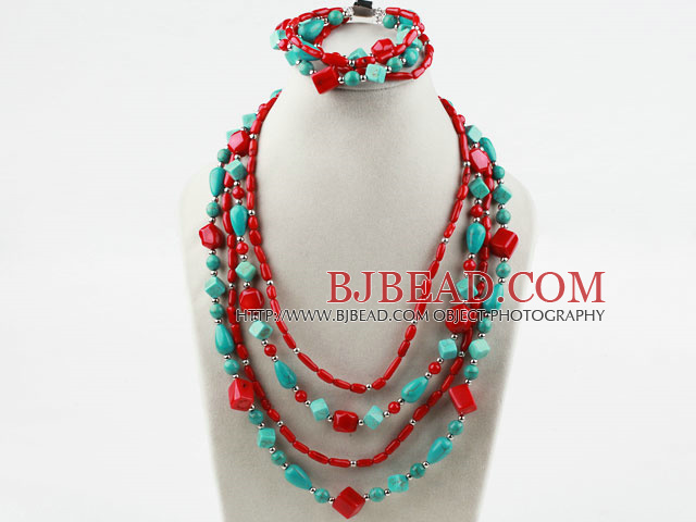 Multi Strand Assorted Turquoise and Red Coral Set (Necklace and Matched Bracelet)