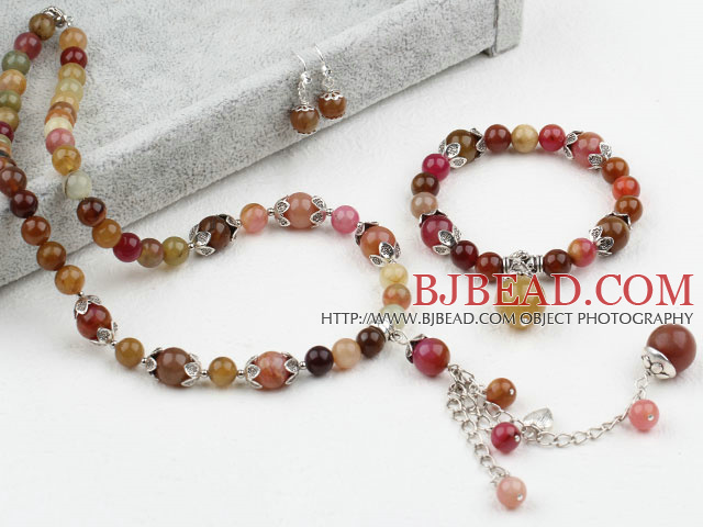 Three Colored Jade Set (Necklace Bracelet and Matched Earrings)