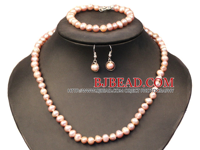 Graceful Mother Gift 7-8mm Natural Purple Freshwater Pearl Jewelry Set (Necklace, Bracelet & Earrings)