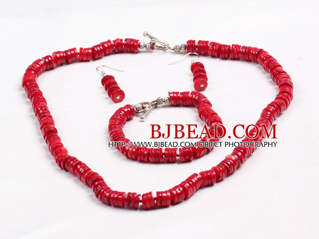 Simple Style Disc Shape Red Coral Beads Jewelry Set(Necklace With Matched Bracelet And Earrings)