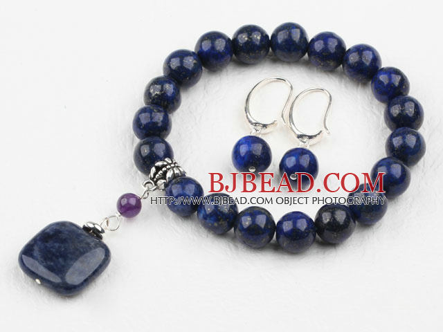 Classic Design Round Lapis Elastic Beaded Bracelet with Matched Earrings