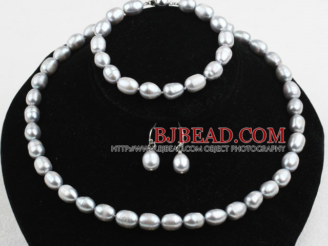 9-10mm Gray Freshwater Pearl Set ( Beaded Necklace Bracelet and Matched Earrings )