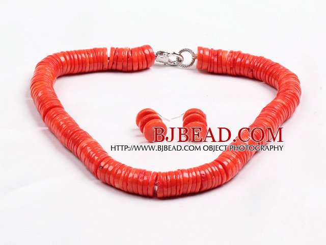Popular Style Disc Shape Red Coral Jewelry Set (Necklace with Matched Earrings)